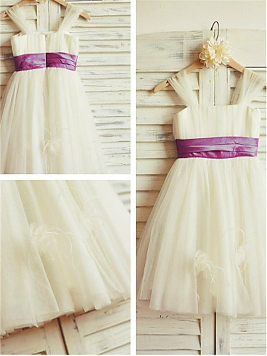 Straps Tea-Length A-line/Princess Tulle Ruffles Sleeveless Flower Girl Dresses