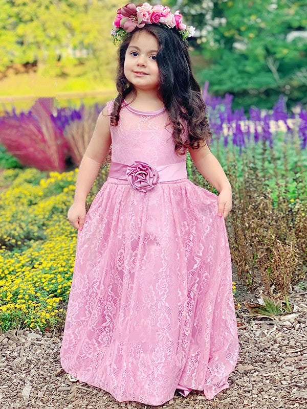 Sleeveless Sash/Ribbon/Belt A-Line/Princess Lace Scoop Ankle-Length Flower Girl Dresses