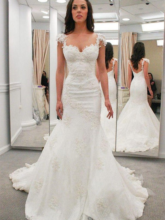 Trumpet/Mermaid Applique Sleeves Short Train Chapel Sweetheart Lace Wedding Dresses