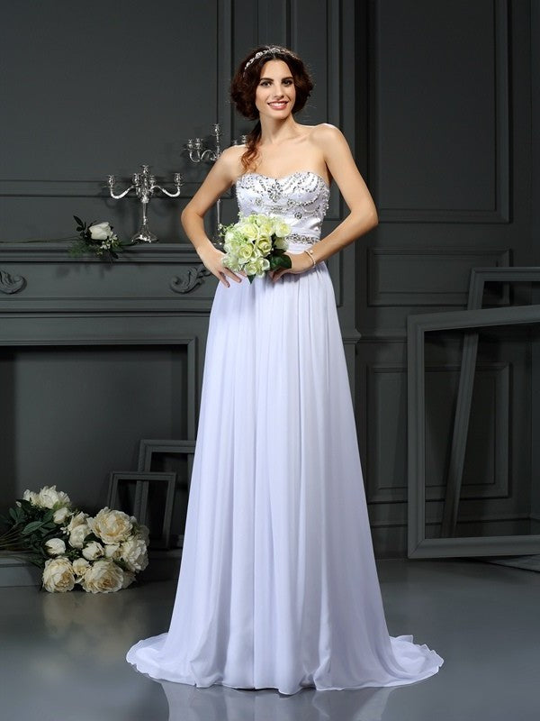 Long Beading A-Line/Princess Sleeveless Sweetheart Chiffon Wedding Dresses