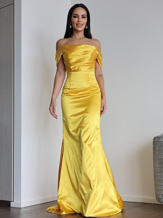 Ruched Satin Sleeveless Off-the-Shoulder Sheath/Column Sweep/Brush Train Dresses