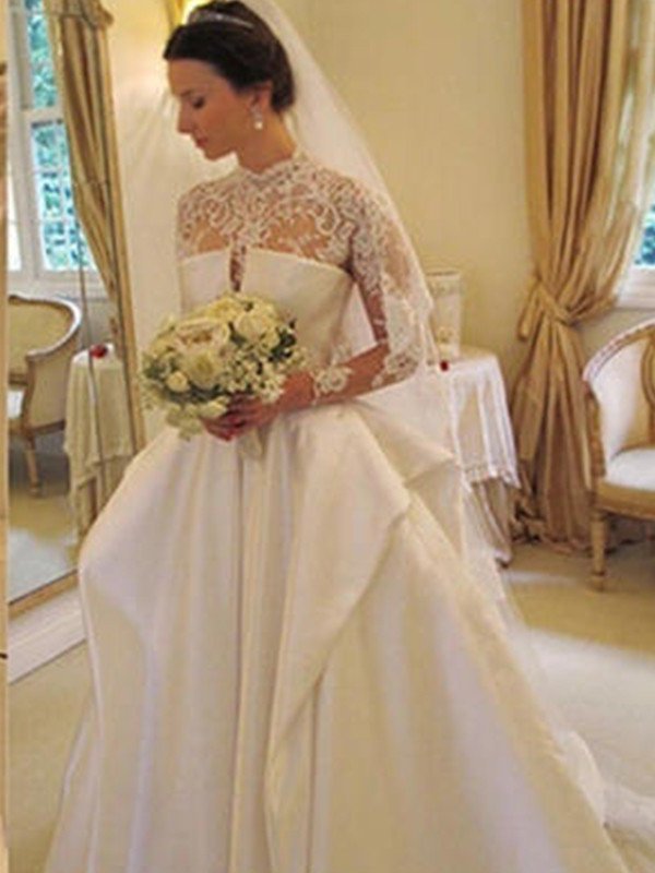 Gown High Satin Lace Neck Sleeves Chapel Ball Long Train Wedding Dresses