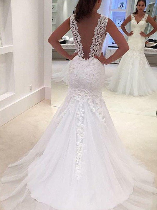 Court V-neck Applique Train Trumpet/Mermaid Sleeveless Lace Wedding Dresses