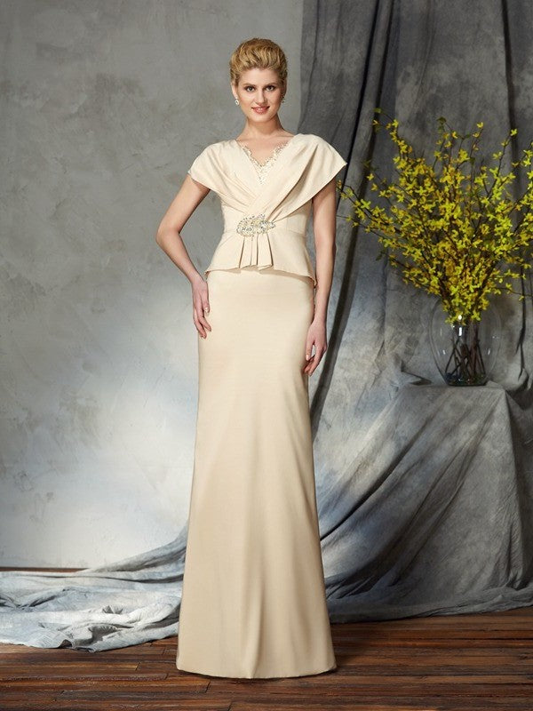 Silk Sleeves Satin Mother of Sheath/Column V-neck Long Beading Short like the Bride Dresses