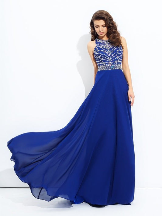 A-line/Princess Sleeveless Beading Scoop Long Chiffon Dresses