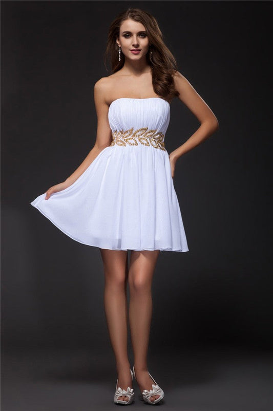 A-Line/Princess Strapless Sleeveless Homecoming Dresses Beading Short Chiffon Cocktail Libby Dresses