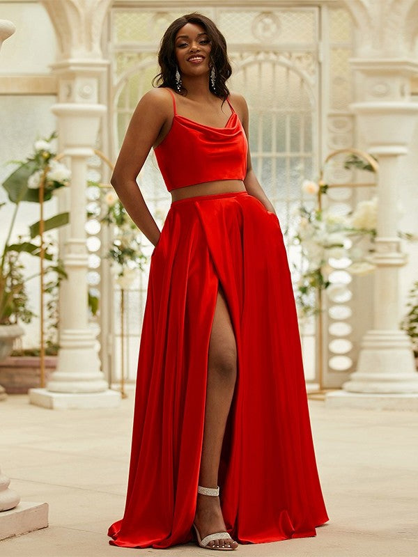 A-Line/Princess Train Ruffles Sleeveless Spaghetti Silk Sweep/Brush Satin Straps like Two Piece Dresses