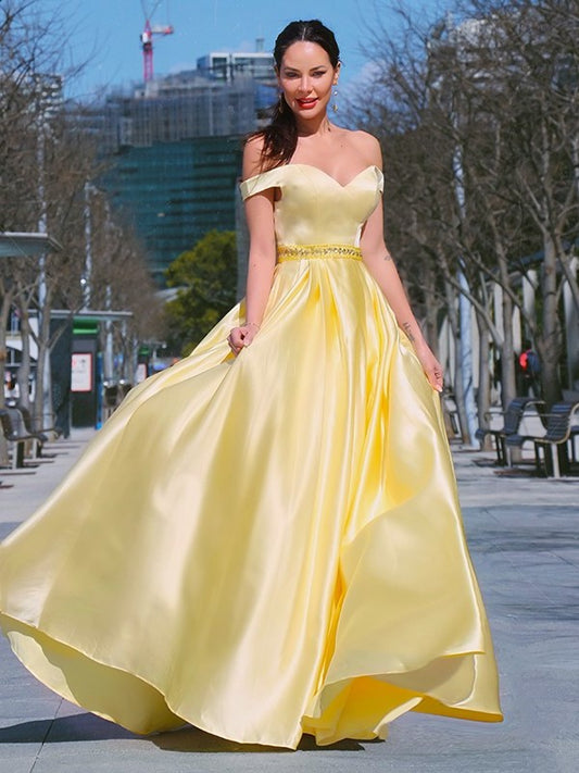 A-Line/Princess Sleeveless Off-the-Shoulder Satin Ruffles Floor-Length Dresses