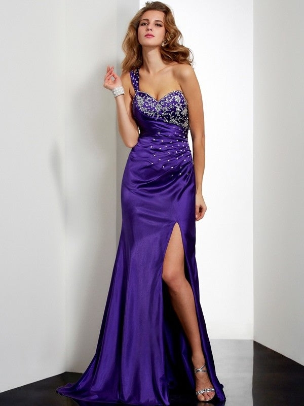 Elastic One-Shoulder Sheath/Column Beading Long Woven Satin Dresses