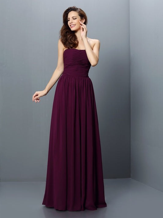 Pleats Sleeveless Strapless Long A-Line/Princess Chiffon Bridesmaid Dresses