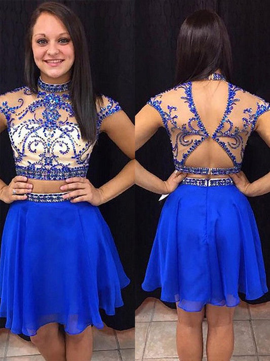 Homecoming Dresses A-Line/Princess Sleeveless High Neck Ariana Beading Chiffon Short/Mini Two Piece Dresses