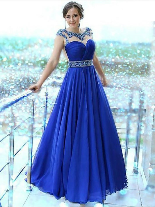 Floor-Length A-Line/Princess Sleeveless Bateau Beading Chiffon Dresses