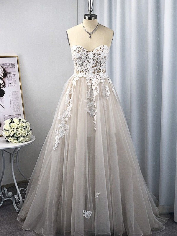 Sleeveless Tulle A-Line/Princess Sweetheart Sweep/Brush Applique Train Wedding Dresses