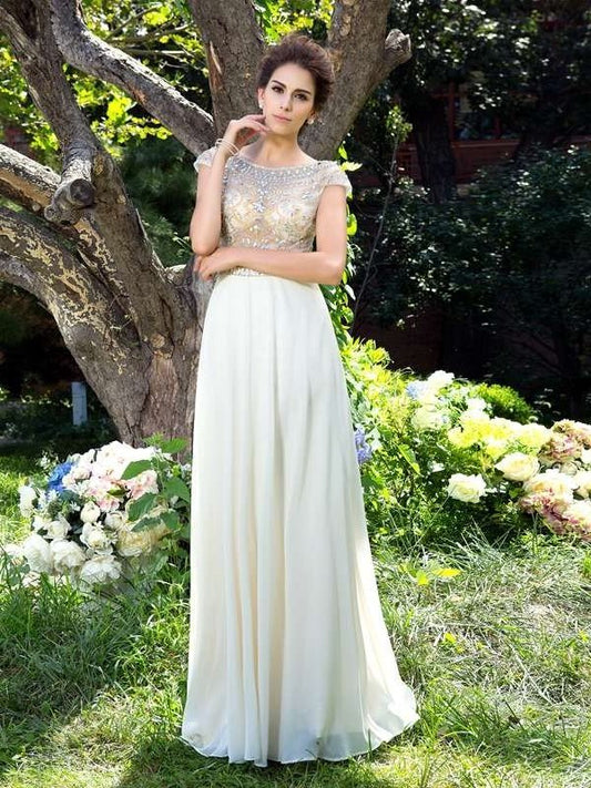 Sheer Sleeves Rhinestone Neck A-Line/Princess Short Long Chiffon Dresses