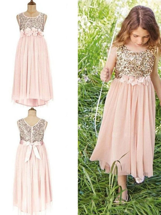 Sequin A-Line/Princess Sleeveless Scoop Chiffon Asymmetrical Flower Girl Dresses