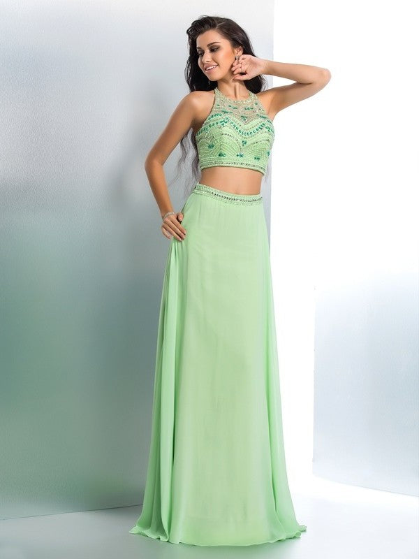 Chiffon Long Halter Beading Sleeveless A-Line/Princess Two Piece Dresses