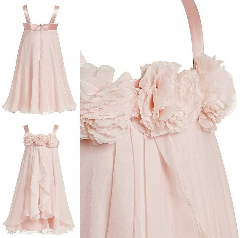 Sleeveless Tea-Length Flower Straps Chiffon A-Line/Princess Hand-Made Flower Girl Dresses