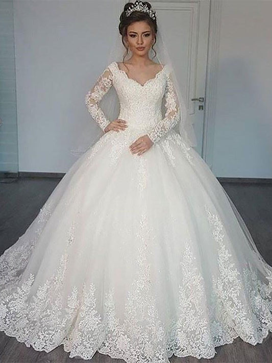 Gown Long Sleeves Train Court Ball V-neck Tulle Wedding Dresses