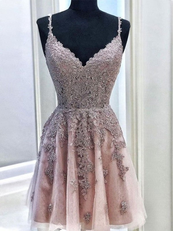 Straps Tulle Sleeveless Beading A-Line/Princess Spaghetti Short/Mini Homecoming Dresses