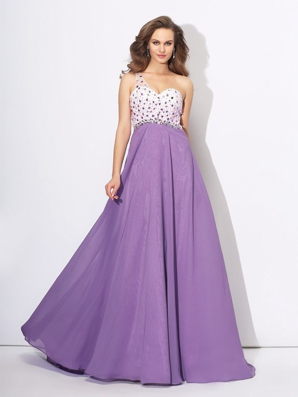 Crystal One-Shoulder Sleeveless A-Line/Princess Long Chiffon Dresses