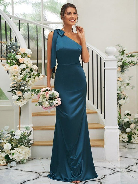 Sheath/Column One-Shoulder Satin Bowknot Silk Sleeveless like Floor-Length Bridesmaid Dresses