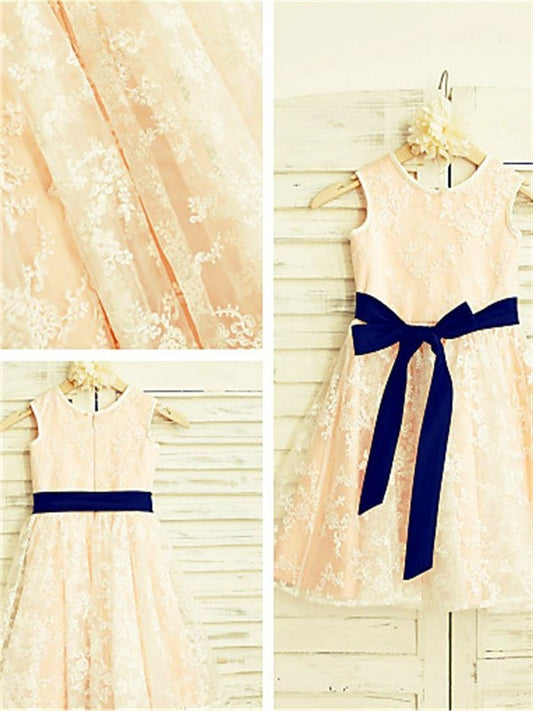 A-line/Princess Lace Bowknot Scoop Ankle-Length Sleeveless Flower Girl Dresses