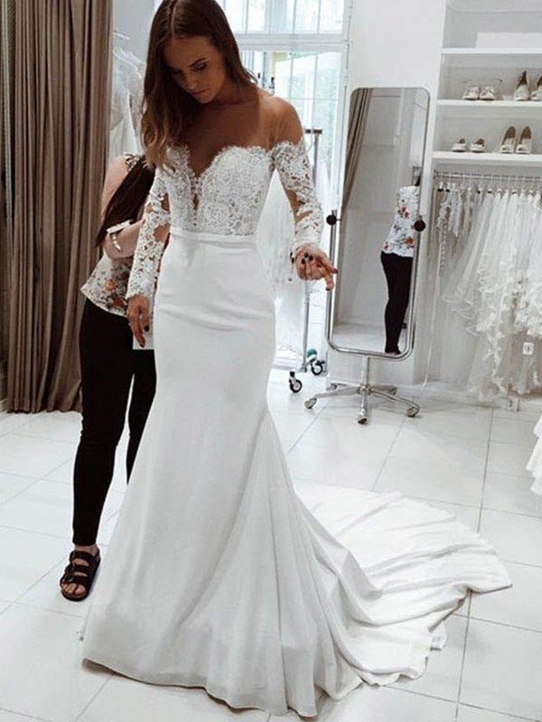 Train Sleeves Lace Off-the-Shoulder Trumpet/Mermaid Long Court Chiffon Wedding Dresses