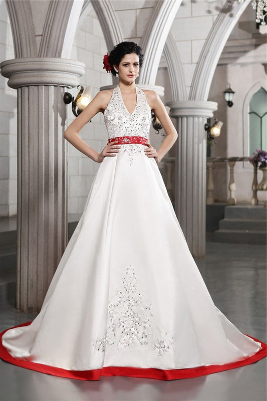 A-Line/Princess V-neck Long Embroidery Sleeveless Beading Satin Wedding Dresses