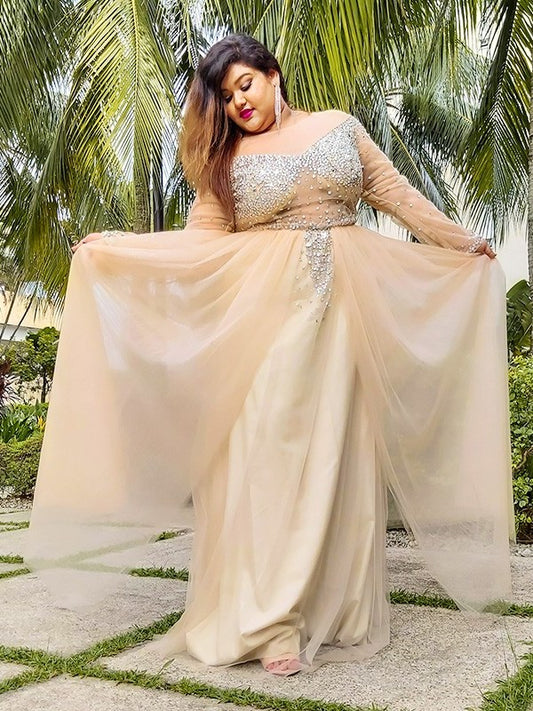 Sleeves Sequin Tulle Floor-Length Gown Ball Off-the-Shoulder Long Plus Size Dresses