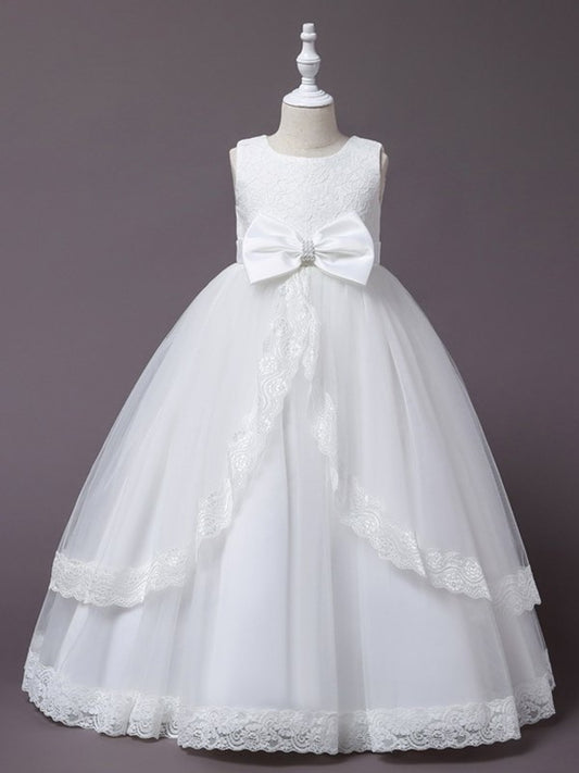 Applique Sleeveless Floor-Length Scoop Tulle Ball Gown Flower Girl Dresses