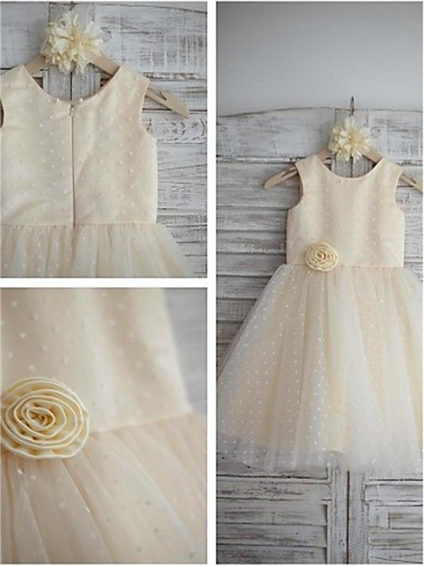 Sleeveless Tea-Length Hand-made Tulle Flower Scoop A-line/Princess Flower Girl Dresses