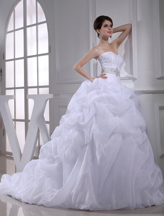 Sleeveless Gown Beading Ball Sweetheart Long Organza Wedding Dresses