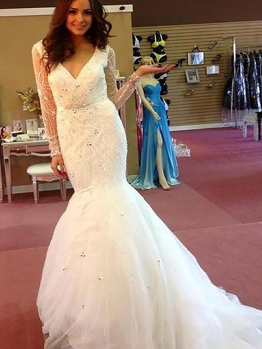 Beading Sleeves Trumpet/Mermaid Tulle Train Long Court V-neck Wedding Dresses