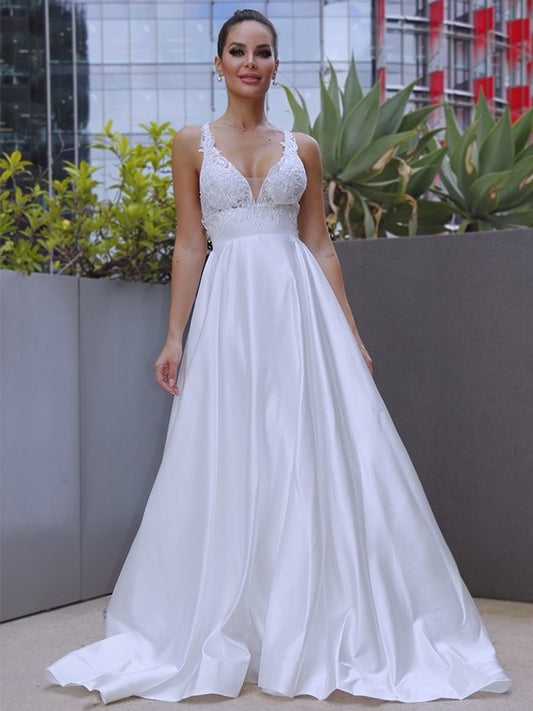 Sleeveless Satin Applique A-Line/Princess V-neck Sweep/Brush Train Wedding Dresses