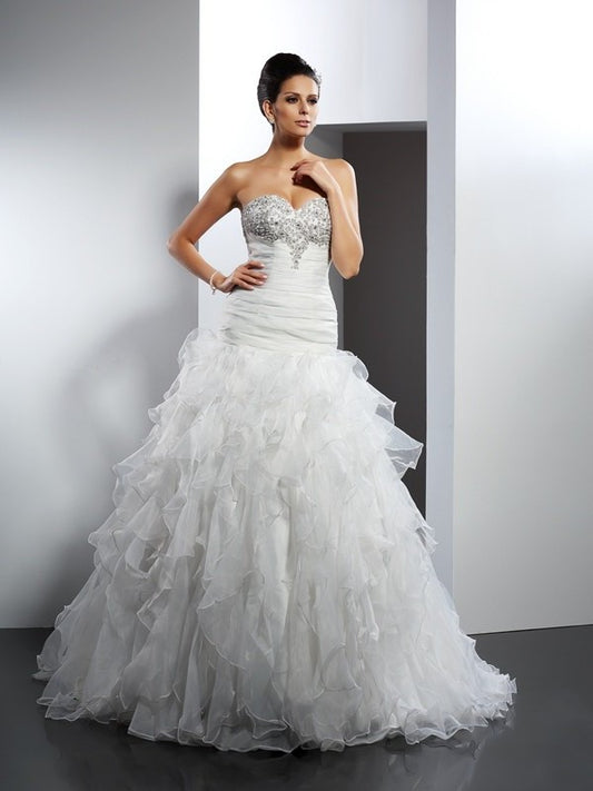 Sweetheart Ball Sleeveless Long Gown Ruffles Tulle Wedding Dresses