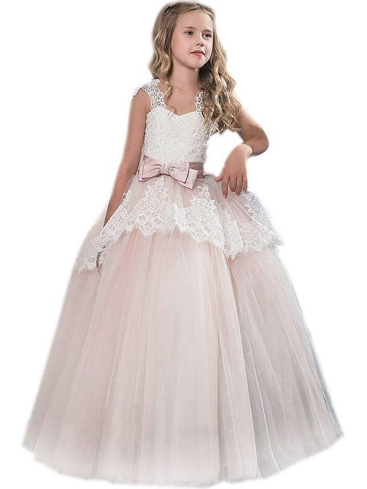 Bowknot Gown Ball Tulle Sleeveless Floor-Length Sweetheart Flower Girl Dresses