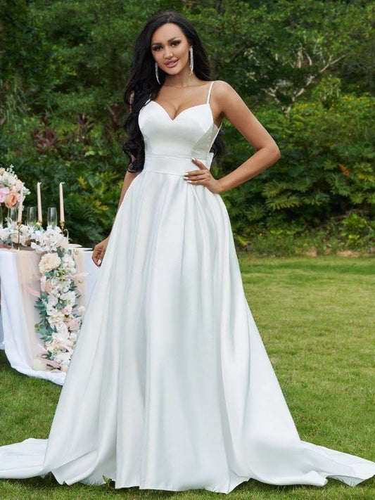 V-neck Satin Sweep/Brush Bowknot Sleeveless A-Line/Princess Train Wedding Dresses