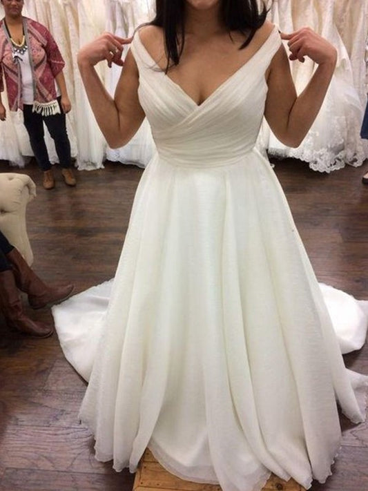 A-Line/Princess V-neck Plus Chiffon Ruffles Sweep/Brush Train Sleeveless Size Wedding Dresses