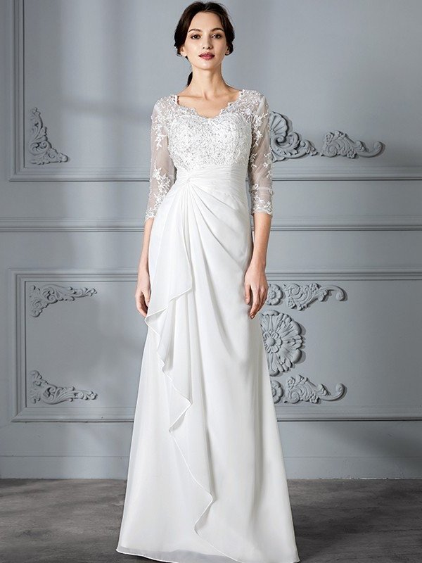 Sheath/Column V-neck Chiffon Sleeves 3/4 Floor-Length Wedding Dresses