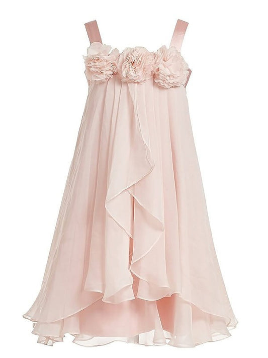 Sleeveless Tea-Length Flower Straps Chiffon A-Line/Princess Hand-Made Flower Girl Dresses