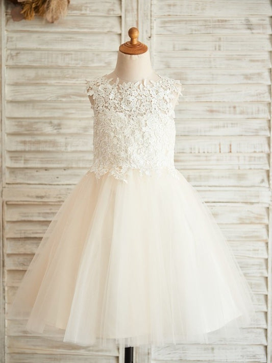 Tulle Sleeveless Scoop Lace A-Line/Princess Knee-Length Flower Girl Dresses