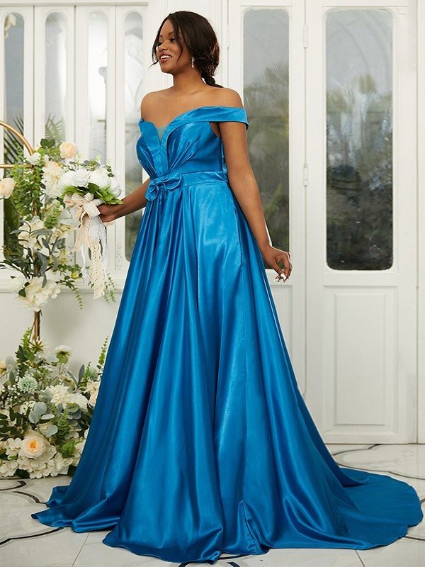 Sleeveless A-Line/Princess Ruffles Silk Off-the-Shoulder Satin Sweep/Brush like Train Bridesmaid Dresses