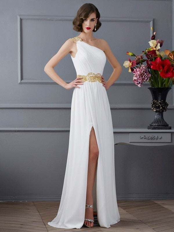 One-Shoulder Sleeveless A-Line/Princess Ruched Long Chiffon Dresses