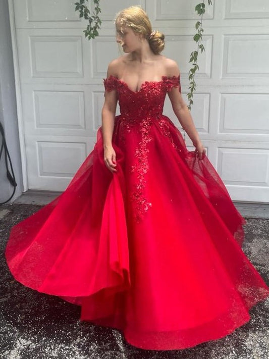 Off-the-Shoulder Tulle Applique A-Line/Princess Sleeveless Floor-Length Dresses