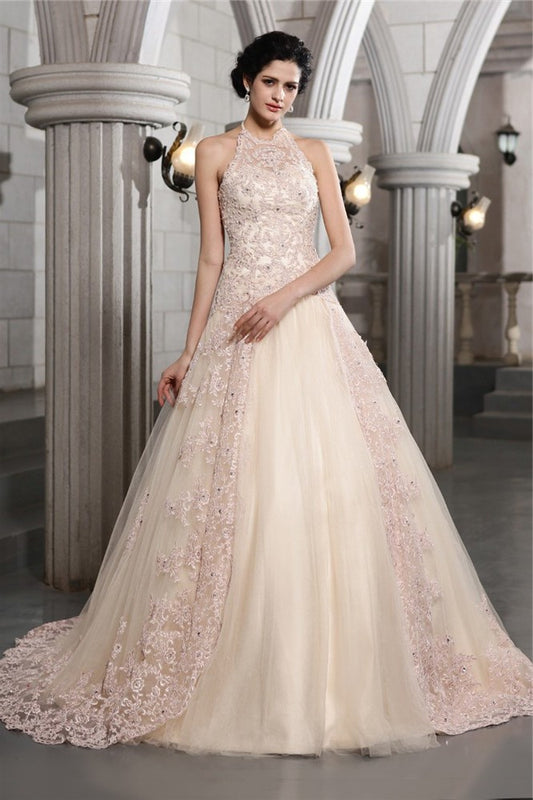 Neck Sleeveless High Long Beading A-Line/Princess Applique Net Wedding Dresses