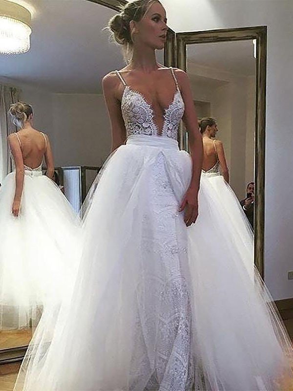 Tulle Straps Spaghetti Sleeveless Lace A-Line/Princess Floor-Length Wedding Dresses