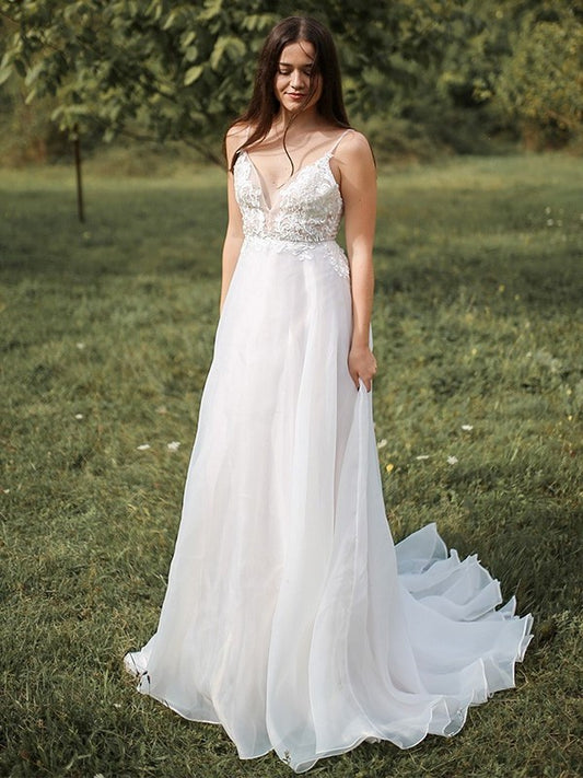 Chiffon A-Line/Princess Sleeveless Sweep/Brush Spaghetti Straps Applique Train Wedding Dresses