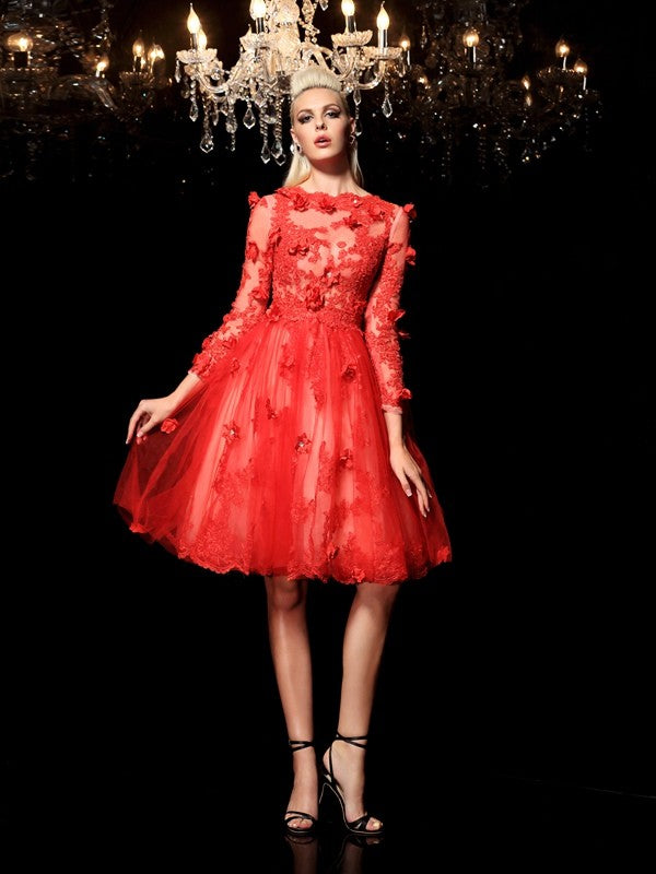 Homecoming Dresses A-Line/Princess Sheer Ruby Neck Applique 3/4 Sleeves Short Net Cocktail Dresses