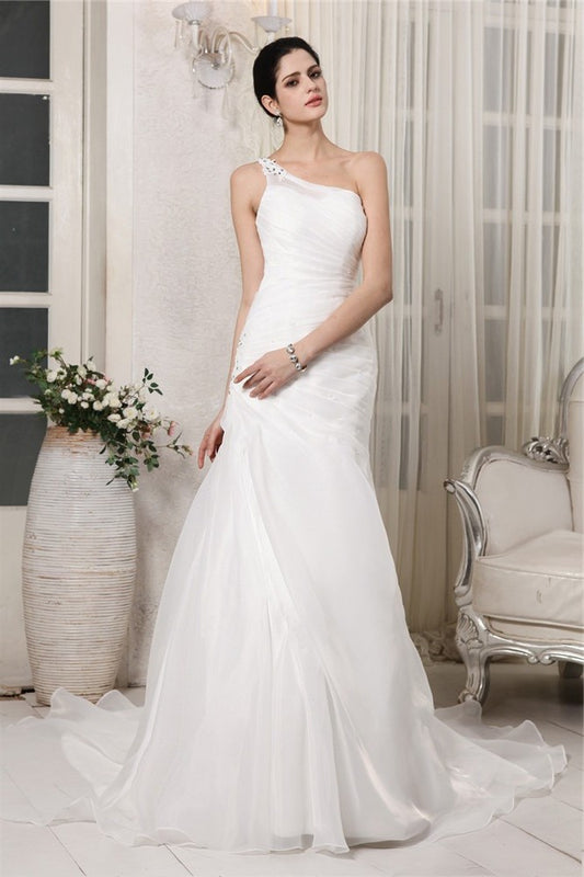 Trumpet/Mermaid One-Shoulder Beading Sleeveless Long Applique Organza Wedding Dresses