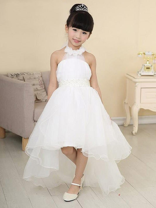 Low Beading Organza A-line/Princess High High Neck Sleeveless Flower Girl Dresses